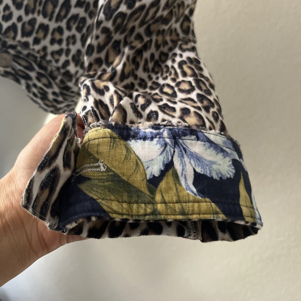 TOMMY BAHAMA TWO PALMS LAGOON LEOPARD 100% LINEN RAW EDGE FLIP CUFF JACKET Large - Picture 16 of 16